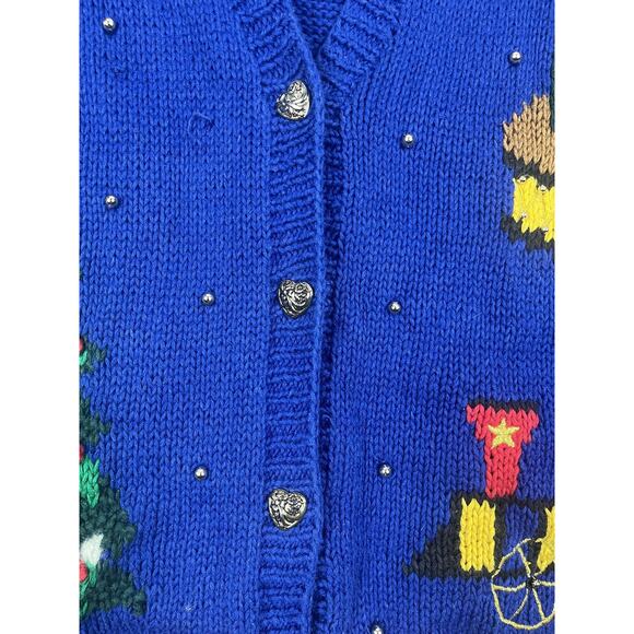 Essential Elements Cardigan Sweater Womens Large Blue Christmas Ugly Beaded - Picture 3 of 8